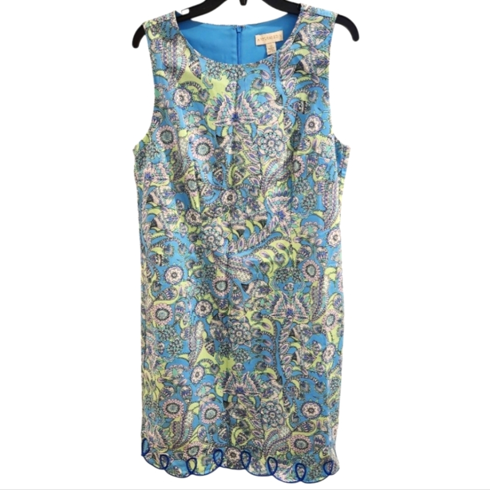 Appleseed's Blue Paisley Lined Sleeveless Dress with Scalloped Hem SZ 12